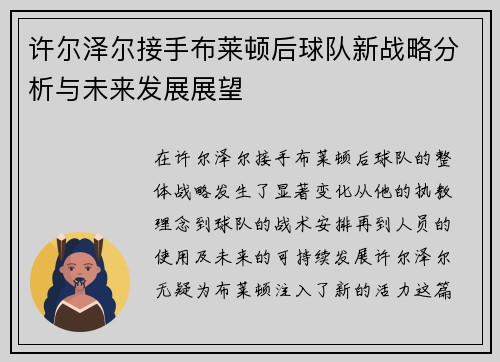 许尔泽尔接手布莱顿后球队新战略分析与未来发展展望